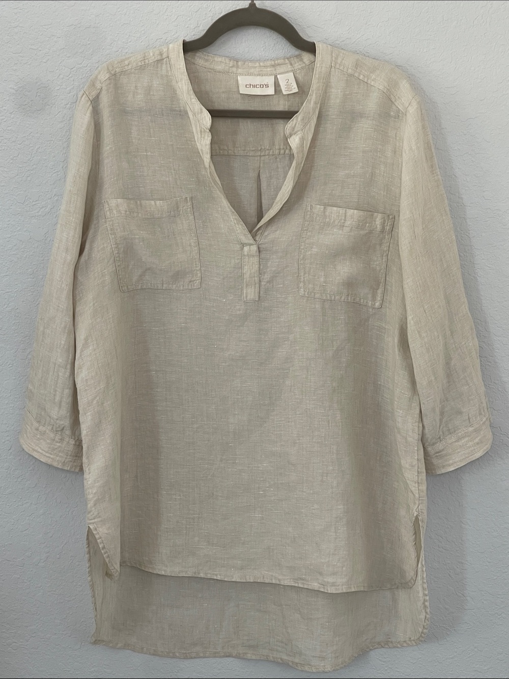 Chico’s Women’s Size 2 XL 100% Linen Tunic Top Beige Oatmeal 3/4 Sleeve Hi Low